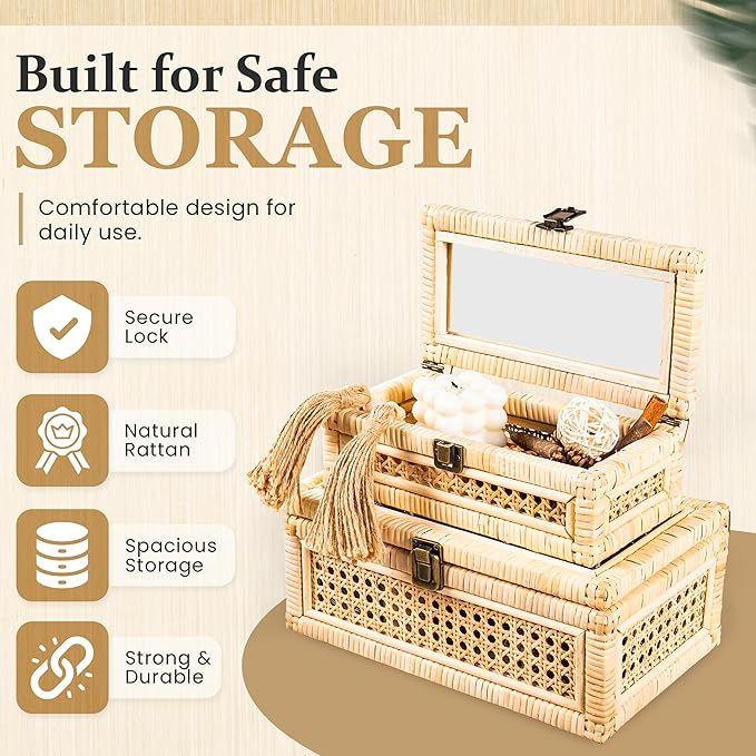 Rattan Decorative Box with Lid & Secure Lock | Decorative Box with Lids for Home Decor | Rattan Display Box | Boho Storage Box | Wicker Basket Organizer | Includes 10x Non-Scratch Felt Pads