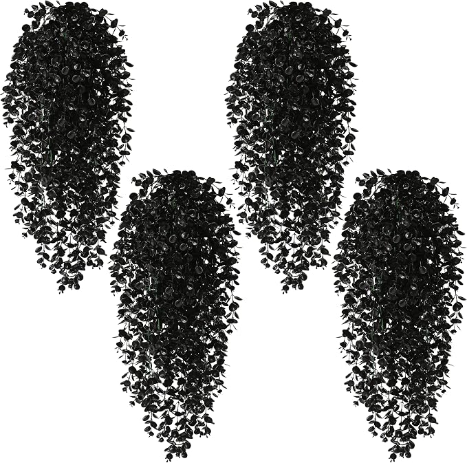 Waipfaru 4Pcs Artificial Hanging Plants, Black Halloween Wall Decor | Fake Plants Eucalyptus Leaves for Outdoors UV Resistant Plants Outdoor Indoor Bedroom Living Room Porch Shelf Decor