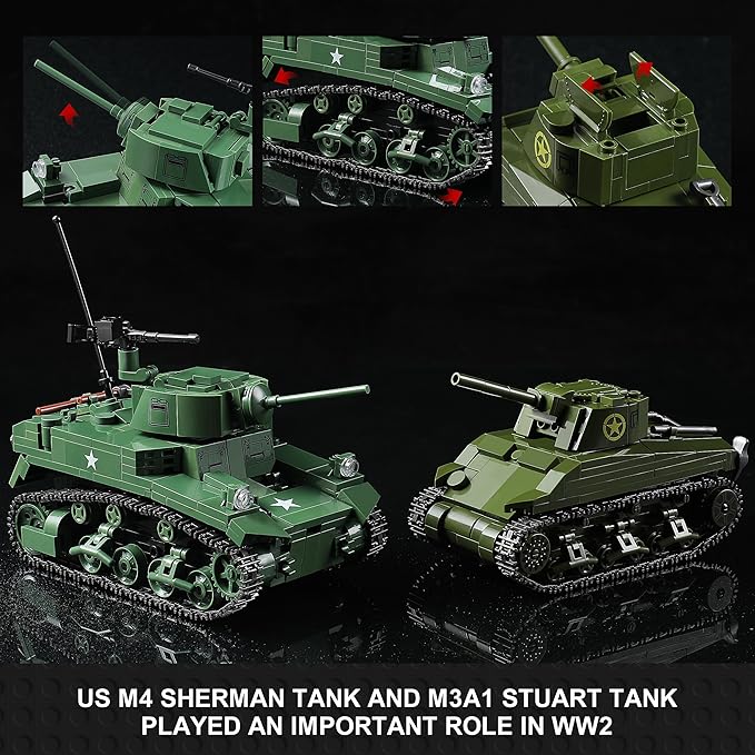 WW2 Army Tank Toys Building Sets Compatible with Lego (1452 Pieces), Includes Military Base, US Sherman & Stuart Tanks, Towed Howitzer, Motorcycle and Weapons, Great Military Toy Gifts for Boys Kids