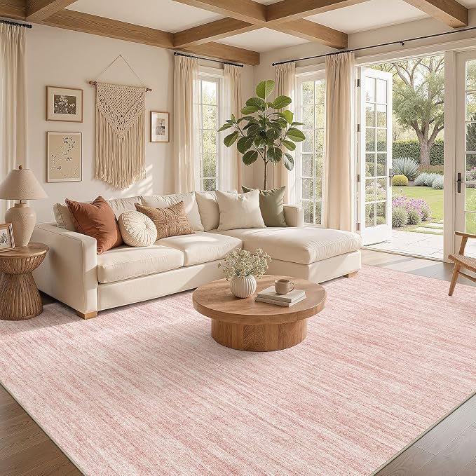 Nakagishi 7X9 Area Rugs Living Room: Washable Large Vintage Rug Neutral Non-Slip Soft Stain Resistant Indoor Carpet for Bedroom Nursery Dining Room Office Playroom - Pink