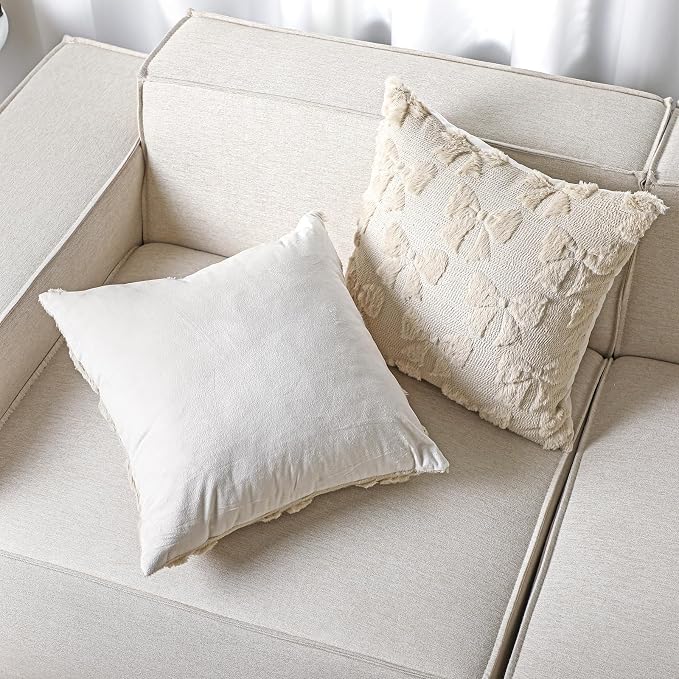 Mixweer Beige Bow Pillow Covers Set of 2 Preppy Room Decor Coquette Cute Spring Summer Decorative Faux Fur Soft Bowknot Stuff Fluffy Plush Aesthetic Pillowcase for Bed Sofa Couch (18 x 18 Inch)