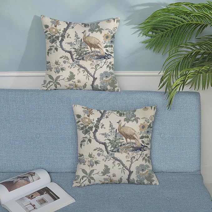 Chinoiserie Pillow Covers 18x18 Set of 2 Blue Bird Floral Throw Pillows Vintage Blue Green Flowers Decorations Outdoor Pillowcase Chinoiserie Decor Farmhouse Cushion Case for Couch Home