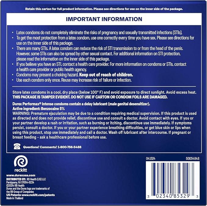 Durex Performax Intense Natural Rubber Latex Condoms, Regular Fit, 24 Count, Contains Desensitizing Lube for Men, (Packaging May Vary) (Pack of 2)