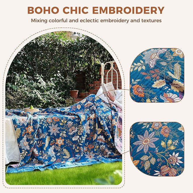LUTBM Boho Throw Blanket for Couch 50"x60", Cotton Decorative Bed Throw | Blue Reversible Floral Jacquard, All-Season Blankets, For Chair Sofa Living Room Decor, Lightweight Breathable Gauze