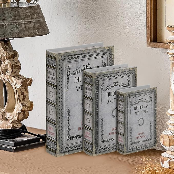 Vintage Faux Leather Decorative Book Box Set of 3 – Wooden Secret Storage Box with Magnetic Closure, Hidden Organizer for Bookshelf, Desk, or Office Decor (The Old Man and The Sea)