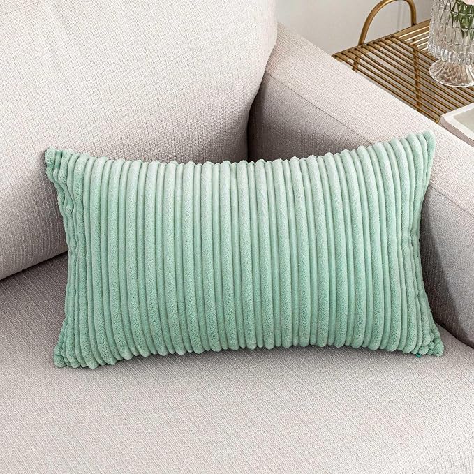 UGS UGASA Velvet Pillow Covers Striped, Spring Decorative Throw Pillow Cover Cushion Case with Hidden Zipper for Home Couch/Bedroom, Soft Cozy Solid Oblong, 1 Pack (12"x20", Mint Green)