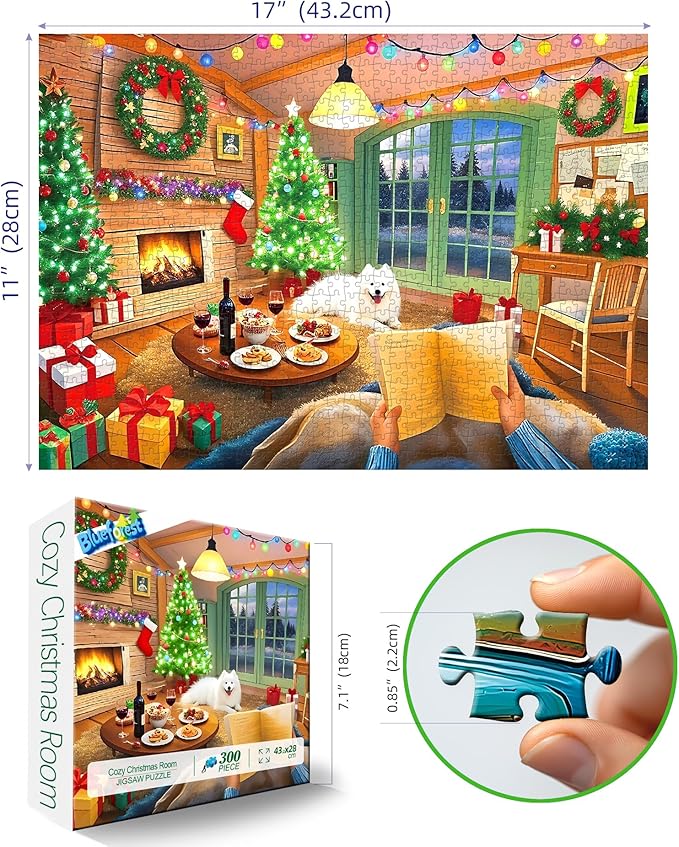Christmas Cozy Living Room 300 Piece Puzzle for Adults, Fun Puzzles for Adults 300 Pieces with HD Print & Poster, 17"x11" Dust Free, for Gifts Halloween Christmas Family Games Lovers