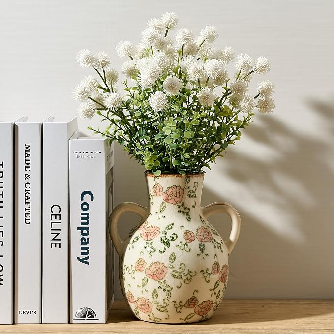 SIDUCAL Ceramic Vintage Pastoral Vase with Handles, 7 Inch Chinoiserie Floral Vase, Retro Ice Cracked Rustic Farmhouse Vases for Home Decor, Living Room, Bookshelf, Office, Tuscan Decor, Red Rose