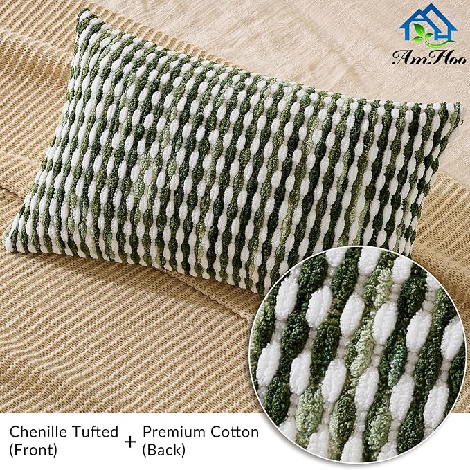 Set of 2 Boho Chenille Pillow Cover Decorative Tufted Pillowcase for Couch Bed Sofa Bedroom Living Room Modern 12 x 20-Inch Sage Green