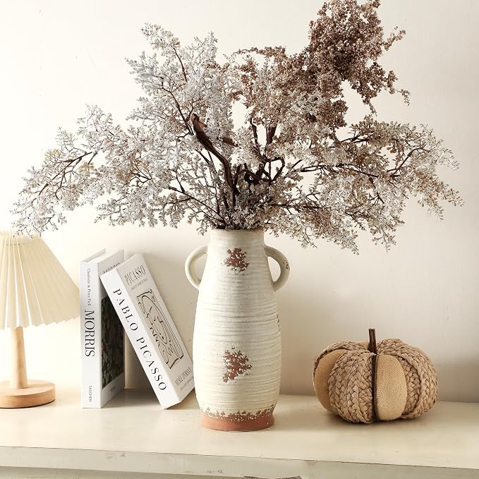Ceramic Flower Vase with Handles, 12.3 Inch Tall Vase for Centerpieces, Large Decorative Terracotta Vases, Farmhouse Rustic Vases for Home Decor, Living Room, Table, Neutral