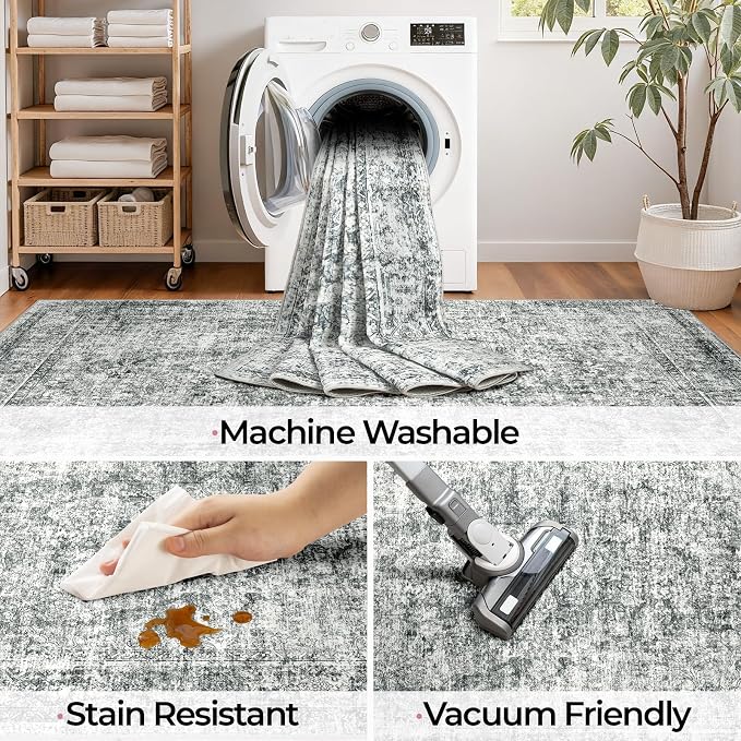 CAPALOCA 7x9 Washable Nursery Girls Low Pile Area Rug Grey | Non-Slip Soft Rugs for Bedroom Kids Playroom Living Room, Print Pattern Water Repellent Carpet Indoor Decor