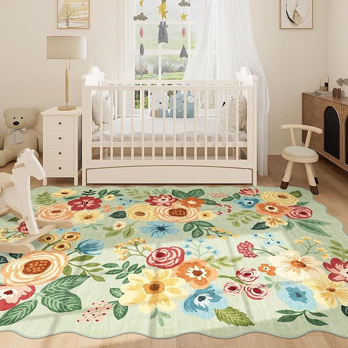 DUKINO 5x7 Area Rugs for Bedroom, Floral Washable Rug Non Slip, Green | Low Pile, Soft, Stain Resistant Throw Rugs for Living Room, Dining Room, Office, Nursery, Pet Friendly, Modern Home Decor