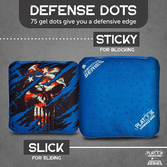 Play Platoon Competition Series Cornhole Bags Set of 8 Regulation Professional Weight Double Sided Slick and Stick with Rubber Sticky Dot Slow Side for Pro Corn Hole Bean Bag Toss Game-Designed in USA