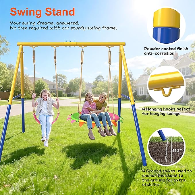 Heavy-Duty Steel Swing Stand for Outdoor, 500lb Capacity Universal Swing Frame, Adult-Rated Anti-Tip Design for Porch/Backyard, Easy Tool-Free Assembly, Yellow(Swing Stand Only)