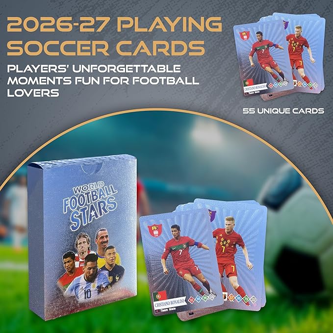 2026-27 Playing Soccer Cards | 55 Non-Duplicate Cards Per Pack | Fixed Card Set | Unforgettable Moment for Friends, Siblings & Soccer Fans | Printed on Premium Paper – White – Not Original