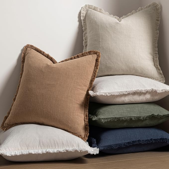 MIULEE Linen Decorative Euro Throw Pillow Covers Light Olive Green 22x22 | Set of 2, Cottagecore Decor, Boho Farmhouse Neutral Fringe Pillow Covers, Rustic Couch Cushions for Sofa Bed Living Room