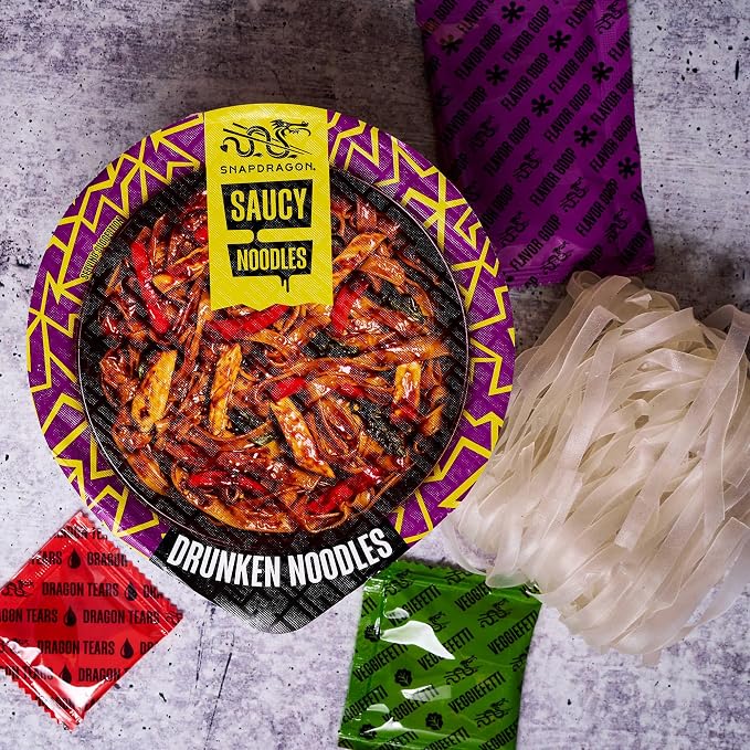 Snapdragon Saucy Instant Noodles with Drunken Noodle Sauce - Quick Meal, Snack, and Lunch.6-Pack Microwave Noodles for Cup, Bowl, Ramen or Asian Stir Fry