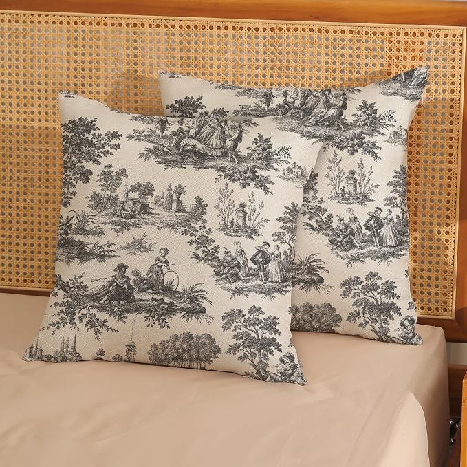 French Country Pillow Covers 18x18 Set of 2 Vintage Black Grey Toile Throw Pillows Outdoor French Country Decorative Pillow Cases Rustic Cottage Farmhouse Cushion Case for Couch Sofa Decor