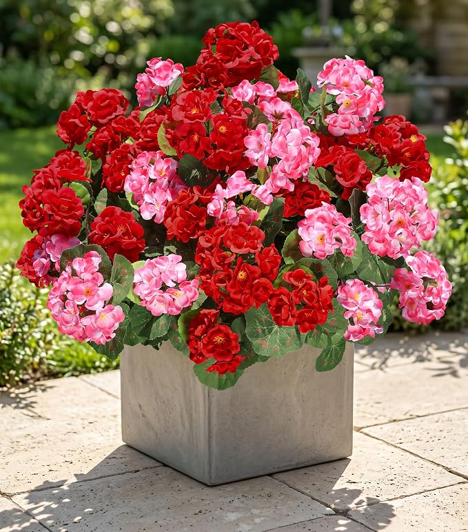 Artificial Geraniums Fake Flowers for Outdoors Decoration, 6 Bundles Silk Geraniums Flower UV Resistant Look Real Faux Plants for Front Door Garden Porch Planter Patio Balcony Yard Indoor Home, Mix