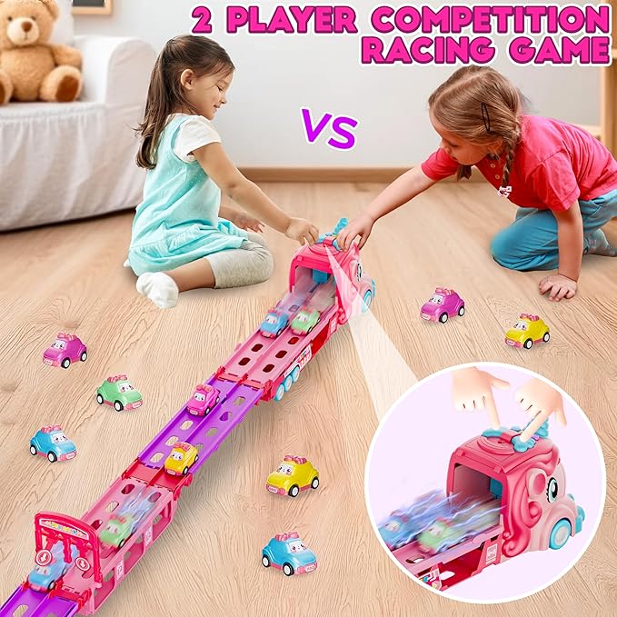 Unicorn Car Toys for 1-3 Girls, Unicorn Transport Truck Track Set W/Light & Sound, Friction Power Toy Cars W/ 6 Princess Cars, Foldable Track & Race Mode, Birthday Gift Idea for 2-4 5 6+ Toddler Kids.