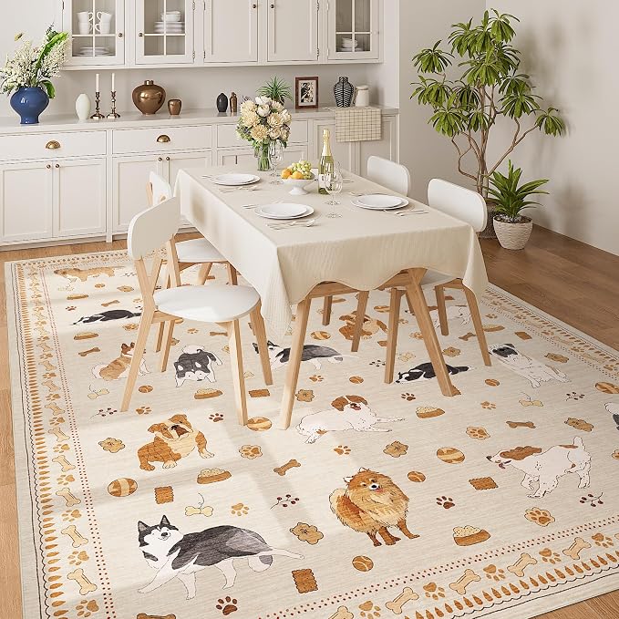 DUKINO 8x10 Area Rug, Washable Dog Rugs for Living Room Soft, Beige Yellow | Non Slip, Low Pile, Non-Shedding, Stain Resistant Animal Carpet for Bedroom Dining Room Nursery Farmhouse, Pet & Kid Friendly