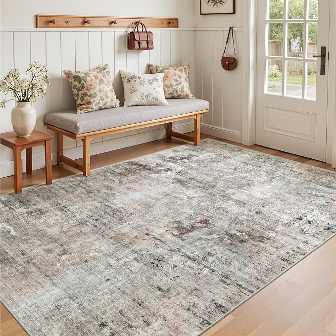 Soalmost Abstract 3x5 Rugs, Small Kitchen Entryway Area Rug Pink/Grey | Vintage Low Pile Carpet for Nursery Coffee Table Bathroom, Foldable Stain Resistant Indoor Door Mat Entrance Powder Room
