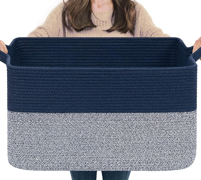 Goodpick 75L Extra Large Woven Blanket Basket, 22" x 17" x 12", Blue | Decorative Storage Basket for Blankets, Clothes & Toys, Living Room & Home Organization, Rectangle Design, Reinforced Handles