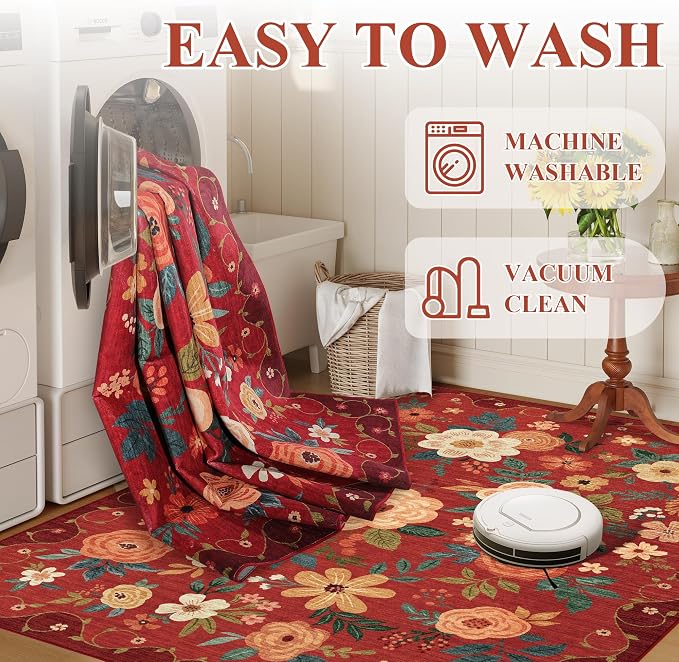 DUKINO 6x9 Area Rugs, Floral Washable Rug for Bedroom Non Slip, Red | Soft, Low Pile, Large Indoor Rug for Living Room, Dining Room, Kids Room, Office, Pet Friendly, Home Decor, Stain Resistant