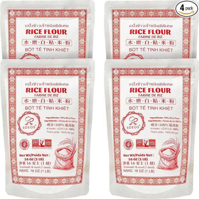 Soeos Rice Flour 16 Ounce (Pack of 4), Rice Flour for Baking or Cooking with Resealable Bag, Ideal for Mochi, Noodles, Dumplings & Desserts, Smooth Texture