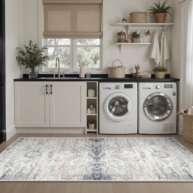 Soalmost Runner Rug 2x6 Washable Kitchen Hallway Runners Blue/Ivory | Non-Slip Low-Pile Rugs for Entry Bathroom Laundry Room, Vintage Foldable Floor Carpet Mat Entryway for Corridor Bedroom