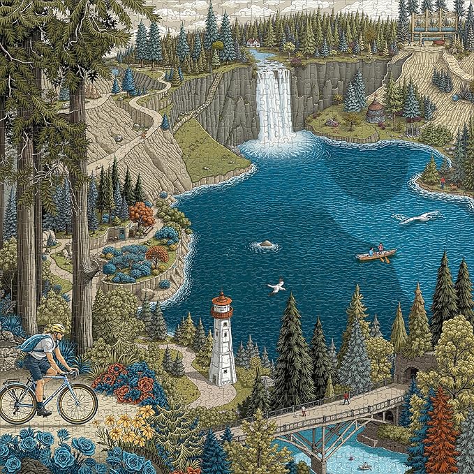 1000-Piece Jigsaw Puzzle for Adults, Oregon Landmarks Scene with Waterfall, Lighthouse, Forest Trail, Challenging & Vibrant Artwork, 22.5 x 22.5 in