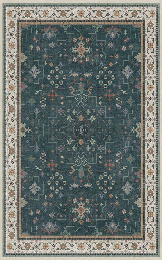 Hazo Haus Dark Green Oushak 5x8 Living Room Rug - Modern Vintage Boho Eclectic Floral Pastel, Washable Low Pile Non-Slip Large Area Rugs for Nursery Dining Under Table Bedroom Lounge