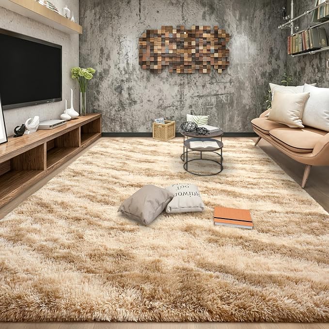 Tepook Fluffy Large Rugs for Living Room, Area Rug 6x9 Soft Carpet for Bedroom, Modern Shaggy Rug for Kids Boys Girls, Plush Indoor Nursery Home Decor Rug with Non-Slip Bottom, Beige Brown