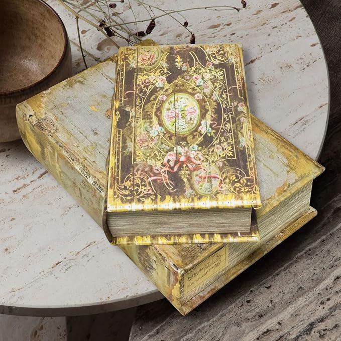 Decorative Book Box Set of 2, Trinket Keepsake Storage | Boxes Shaped Storage Box Vintage Style Decorative Book Boxes Antique Books for Decoration Medal Pattern