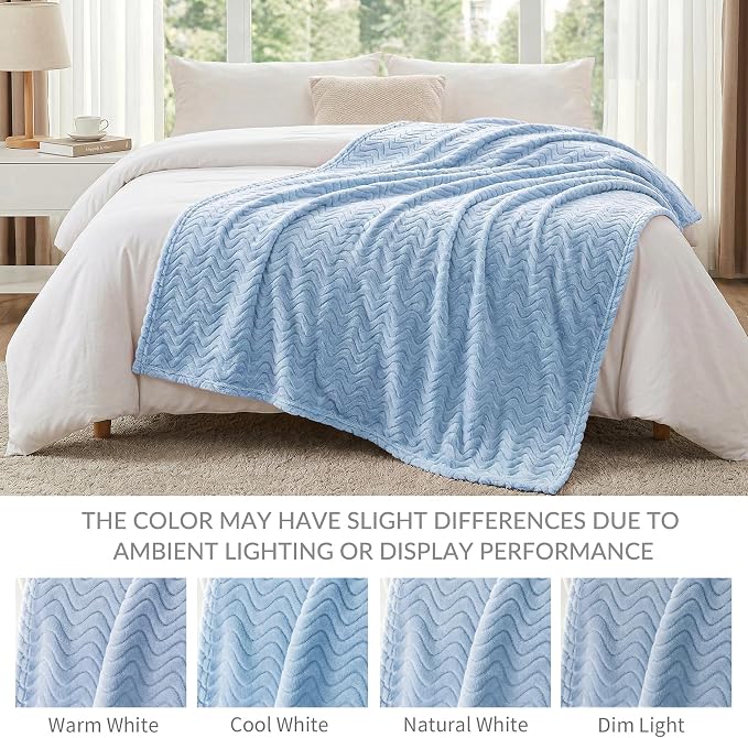 Exclusivo Mezcla Soft Fleece Blanket Queen Size for Bed, Sofa, Light Blue | 90"x90" Breathable Lightweight Flannel Blanket for Summer, Plush Cozy Jacquard Wave for Home Decor