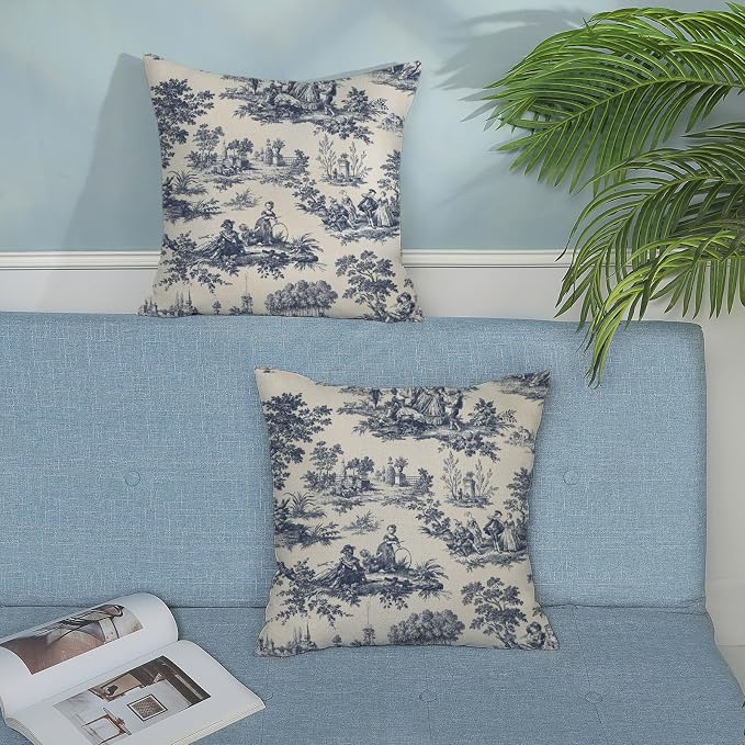 French Country Pillow Covers 18x18 Set of 2 Vintage Toile Blue Throw Pillows French Country Outdoor Decorative Pillowcase Rustic Cottage Decor Linen Farmhouse Cushion Case for Couch Bed Sofa