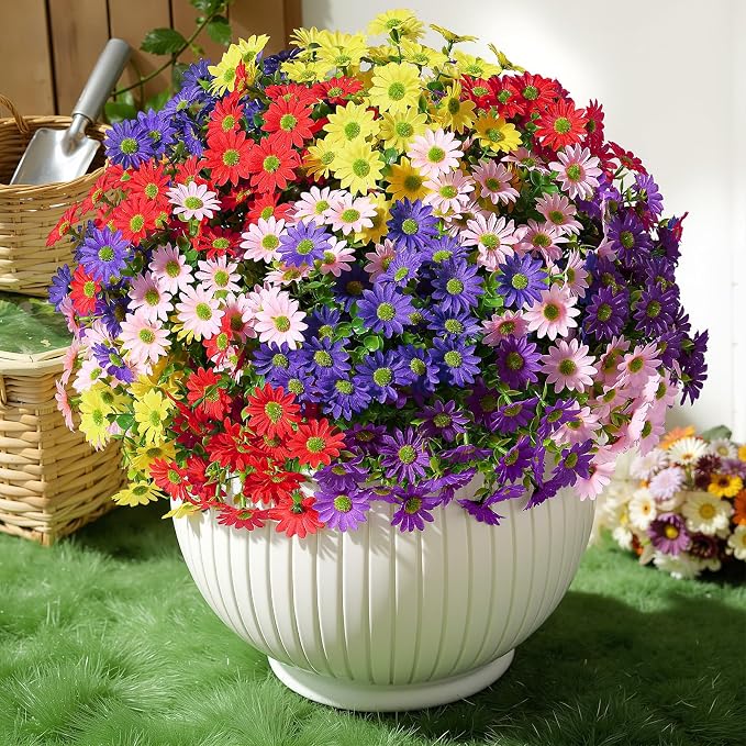 Alupssuc 40 Bundles Artificial Daisies Flowers Fake Silk Plant for Indoor Outdoor Decor, UV Resistant No Fade Faux Spring Flowers for Garden, Porch & Patio Decoration,Mixed 5 Colors
