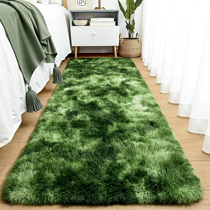 Tepook Soft Runner Rugs for Bedroom 2x6 with Rubber Backing, Tie-Dyed Dark Green Fluffy Rugs for Hallway, Shag Bedside Rug Fuzzy Plush Carpet for Living Room Dorm Nursery Indoor Home Decor