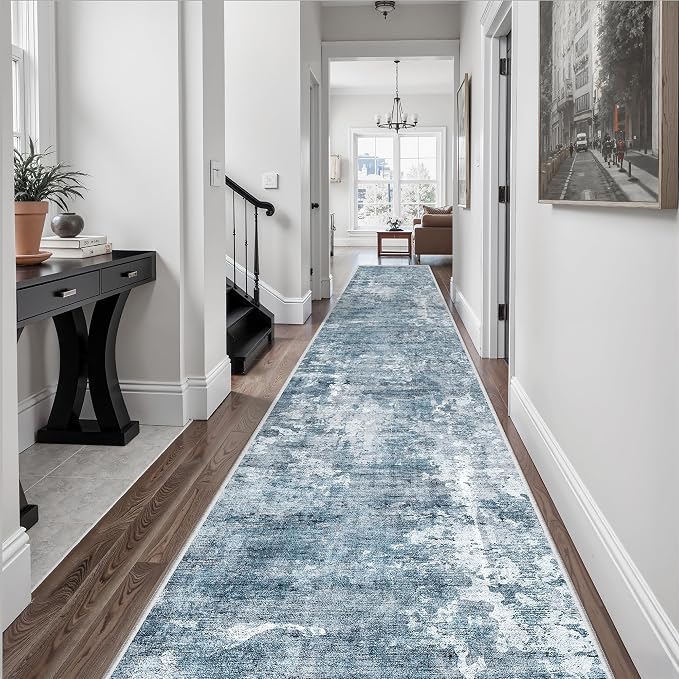 Soalmost Hallway Runner Rug 2'6" x 16' Kitchen Rugs Abstract Blue/Grey | Non-Slip Vintage Long Runners 2.5x16ft for Bathroom Entryway, Thin Low-Pile Foldable Floor Carpet Mat for Corridor Bedroom