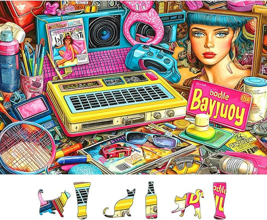 Retro Pop Art Jigsaw Puzzle, 500 Pieces, Vibrant Beauty and Technology Theme Collage, Adult Entertainment