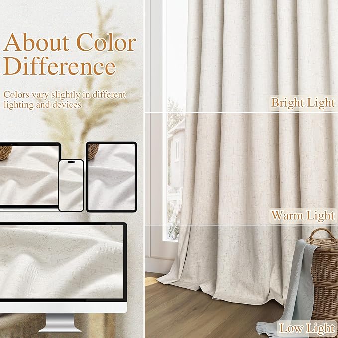 Guken 100% Blackout Linen Curtains for Bedroom 96 inches Long, Thermal Insulated Room Darkening Black Out Drapes for Living Room, Back Tab Rod Pocket 2 Panels Set,Modern,52x96