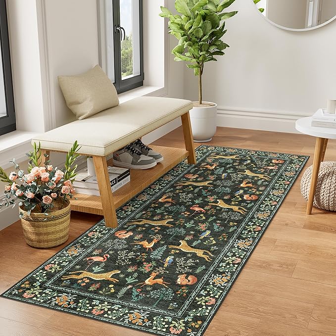 DUKINO 2x5 Rug for Hallway, Washable Animal Runner Rug Non Slip, Black | Low Pile, Stain Resistant, Soft Indoor Carpet Runner for Kitchen, Entryway, Bedroom, Bathroom, Pet Friendly, Lightweight