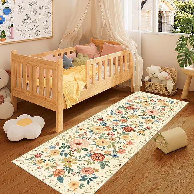 DUKINO 2x6 Hallway Runner Rug, Washable Kitchen Rugs Non Slip, Beige Yellow | Low Pile, Soft, Floral Indoor Rug for Entryway, Bedroom, Laundry, Bathroom, Pet Friendly, Lightweight, Modern Home Decor