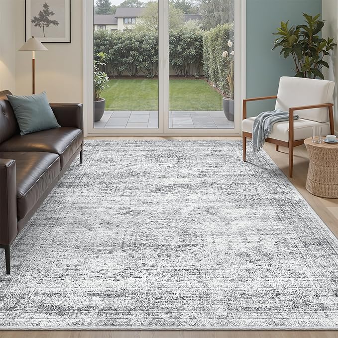 Soalmost 5x7 Area Rugs Grey Low Pile Washable Trendy Faded Style Rug | Vintage Non-Slip Indoor Accent for Bedroom Dining, Foldable Stain Resistant Floor Carpet Mat Under Table Home Office Decor