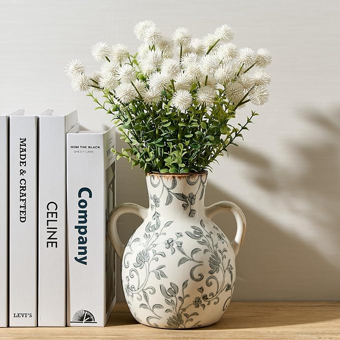 SIDUCAL Ceramic Vintage Pastoral Vase with Handles, 7 Inch Chinoiserie Floral Vase, Retro Ice Cracked Rustic Farmhouse Vases for Home Decor, Living Room, Bookshelf, Office, Tuscan Decor, Gray Floral