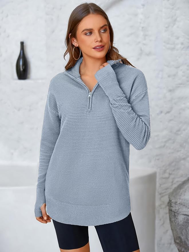 PRETTYGARDEN Womens Long Sleeve Quarter Zip Pullover Sweater Casual Loose V Neck Collared Ribbed Knit Jumper Tops Thumb Hole