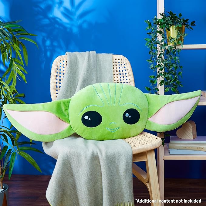 Disney Stitch 3D Plush Cushions for Bed Travel, Cute Cuddle Pillow Stuffed Character Pillow, Bedroom Accessories, Room Decor, Gifts for Kids (Green Baby Yoda, L14.96 x W10.23)