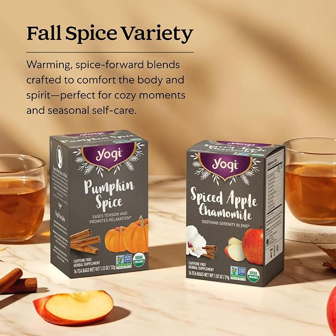 Yogi Tea - Fall Spice Variety Sampler Pack - 16 Tea Bags Per Pack (4 Pack) - Limited Edition Tea Sampler - Herbal Caffeine-Free Teas - Includes 2 Spiced Apple Chamomile & 2 Pumpkin Spice