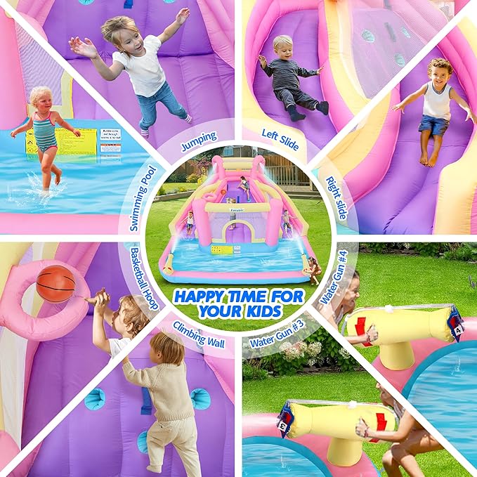 Inflatable Water Slide Bounce House for Kids, 12.1 FT x 10.3 FT Small Water Park Bouncy Castle, Double Slides, Jumper, Climbing Wall, Basketball Hoops, Included Blower