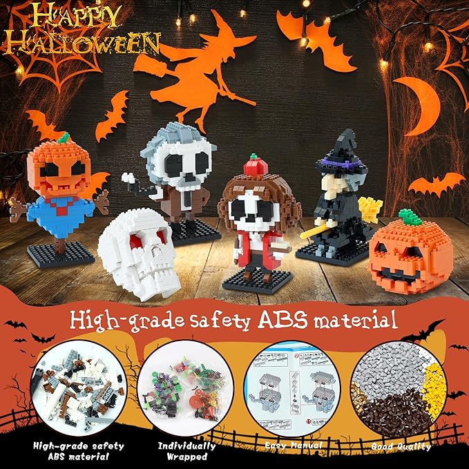 6 Pack Mini Halloween Building Blocks,Halloween Building Toys Set or Kids, Halloween Toy Building Sets, Halloween Mini Building Block Sets for Boys or Girls 8+